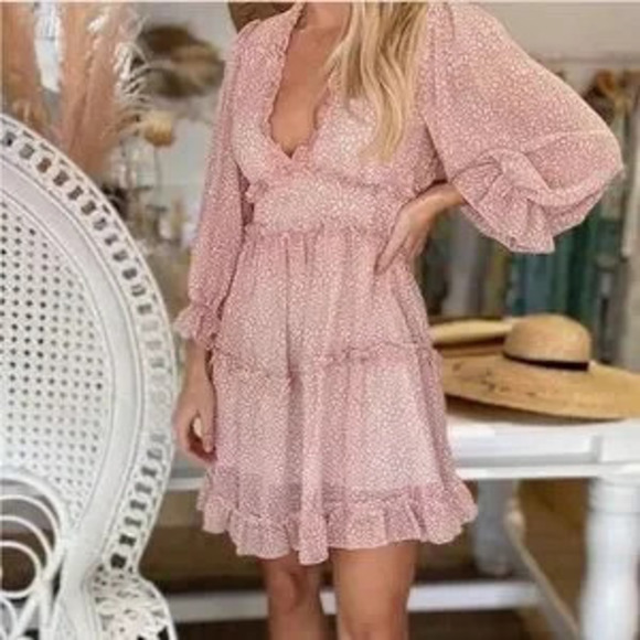 Dresses & Skirts - Elegant Pink Floral Dress vneck ruffle dress